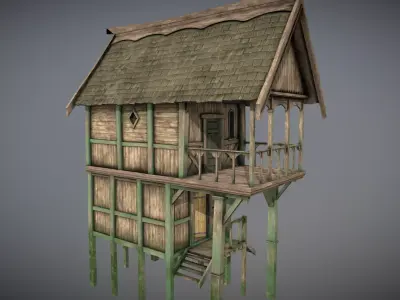 Medieval Lake Village - House 12 with interiors Low-poly 3D model