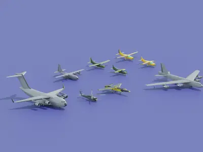 Low Poly military airplane and helicopter pack  5 plus 1  Low-poly 3D model