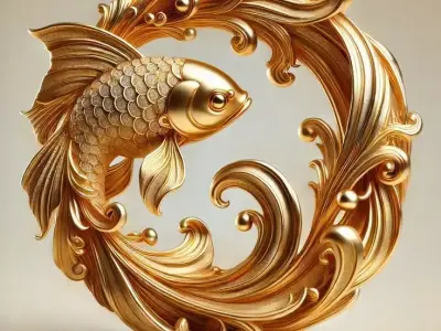 Luxury Gold Fish Sculpture 3D Swirling Waves Baroque Design Low-poly 3D model