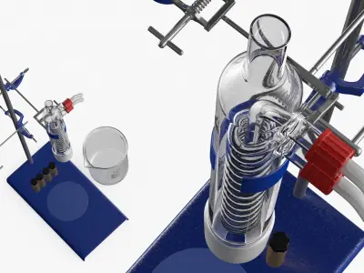 Laboratory Dimroth Condenser Setup with Stand Clear Blue Silver 3D model