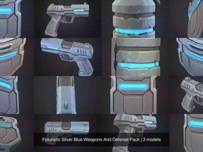 Futuristic Silver Blue Weapons And Defense Pack 3D Model Collection