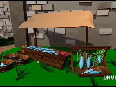 Butchery and FishShop Kitbashing Low-poly 3D model