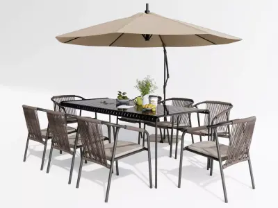 Modern Outdoor Wicker Dining Set with Umbrella Low-poly 3D model