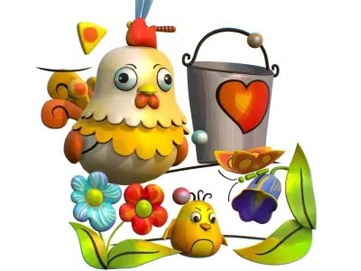 Cartoon 3D illustration Farm Scene Chicken Chick Low-poly 3D model