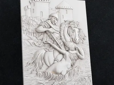 Knight sculpture of man riding horse in water 3D print model