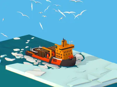 Isometric Boat breaking Ice North pole sea Icebreaker  Low-poly 3D model
