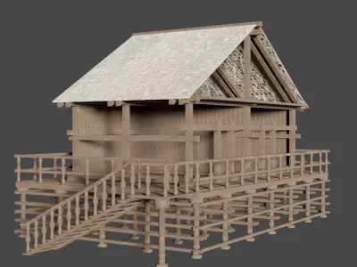 Wood house LowPoly on Pylon Free low-poly 3D model