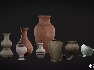 Vase Set with Broken Pieces Low-poly 3D model