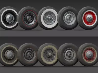 Set of 5 mid-poly vintage car wheels 3D model