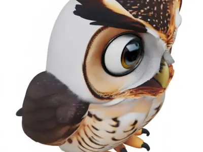 Cute Cartoon Owl 3D Fluffy Bird Big Eyes Feathered Wings Low-poly 3D model