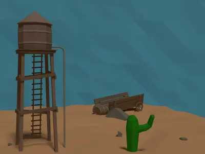 LowPoly Western Mine with Water tower Low-poly 3D model