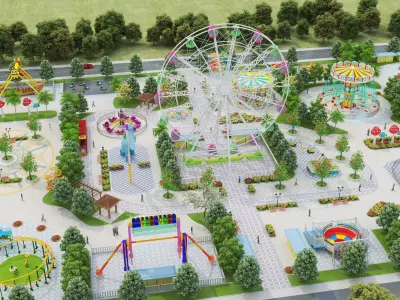 Cartoon colorful childrens theme park many amusement equipment Low-poly 3D model