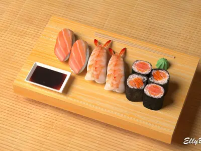 Sushi with chopsticks on wooden table 3D model