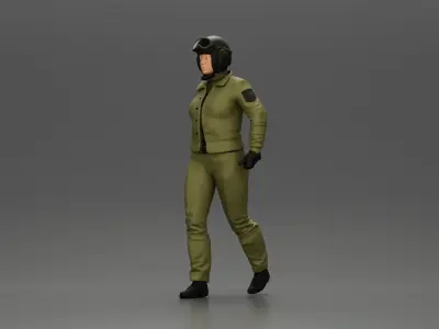 Pilot Woman Walking with Military Helmet Emergency Shoulder Bag 3D print model