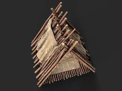 Primitive Wood and Fabric Tent Shelter 1 Low-poly 3D model