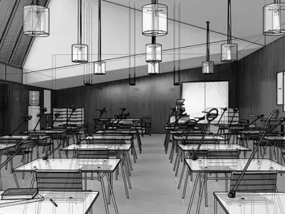 Black And White Classroom With Engineering Posters 3D model