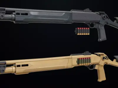 Long Shotgun 04 Black and Sandal Single Mat All PBR Unity UE  Low-poly 3D model