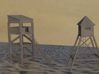 7 wooden towers Low-poly 3D model