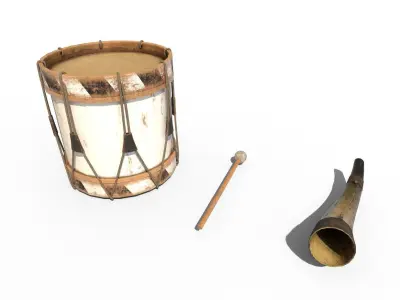 Historic war drum and signal horn Low-poly 3D model