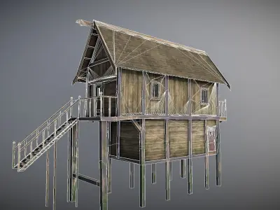 Medieval Lake Village - House 13 with interiors Low-poly 3D model