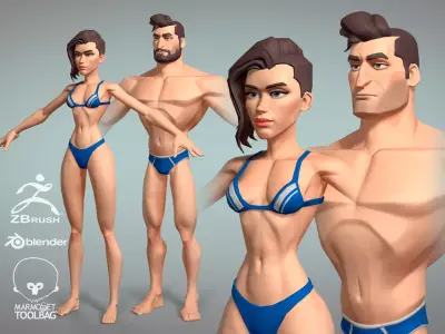 Cartoon male and female Character Hugh and Meg base mesh Low-poly 3D model