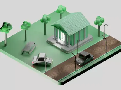 Low poly Isometric 3d Bank with cartoon car Low-poly 3D model
