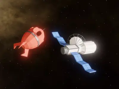 sci-fi red space shuttle rocket and satellite Low-poly 3D model