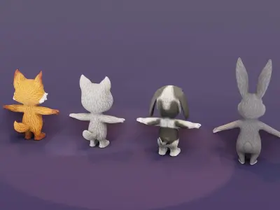 Rabbit Hound Dog Wolf Fox 3D Models Pack Low-poly 3D model