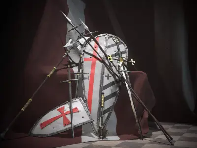 Knight shields Medieval templar Swords Mace Spear Halberd set Low-poly 3D model