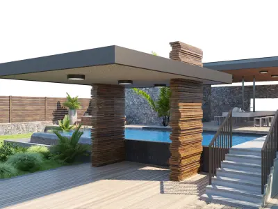 private garden with pool and pergola 3D model