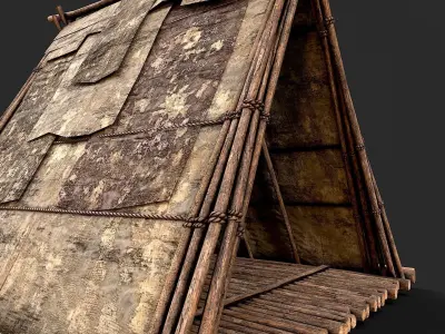 Primitive Wood and Fabric Tent Shelter 6 Low-poly 3D model