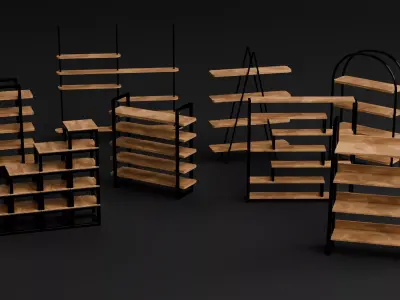 Modern Wooden Shelf and Display Rack Pack Low-poly 3D model