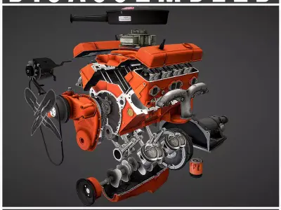 Disassembled V8 Small Block engine Low-poly 3D model