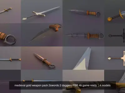 medieval gold weapon pack 2swords 2 daggers PBR 4k game ready 3D Model Collection