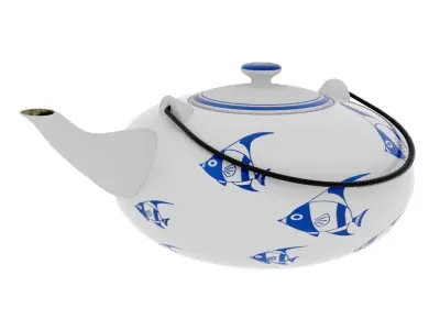 Chinese porcelain tea set with fish paints pattern 3D model