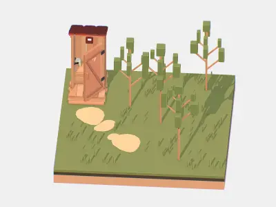 Isometric Village Wood WC street Toilet Low-poly 3D model