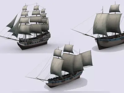 Three sailing ship Low-poly 3D model