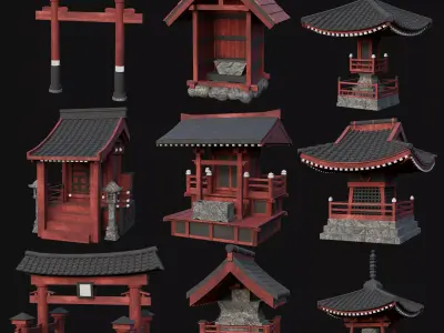 JAPANESE ASIAN MEDIEVAL FEUDAL CITY STRUCTURES COLLECTION Low-poly 3D model