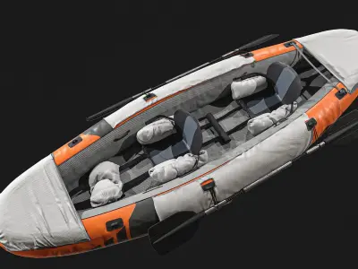 Can-Kayak-And-Paddles orange and raft 3D model