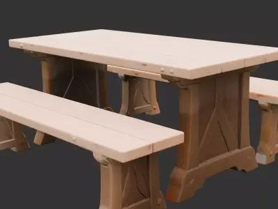 Wooden Farmhouse Table Set Low-poly 3D model