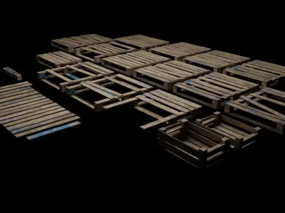 Wooden Pallets boxes and sticks Gameready and optimized assets Low-poly 3D model
