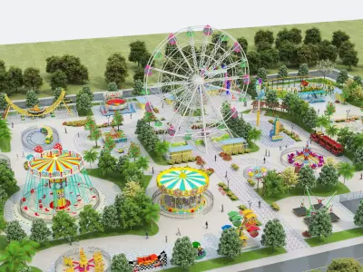 Cartoon colorful childrens theme park many amusement equipment Low-poly 3D model