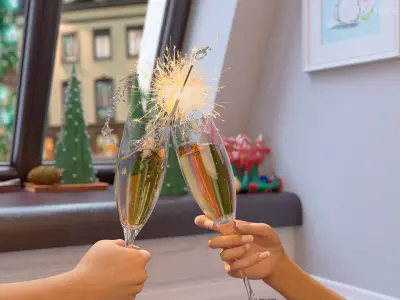 Festive Glasses with Champagne and Sparklers 3D model