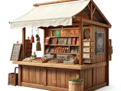 Wooden Market Stall  Low-poly 3D model