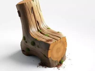 Stylized Mossy Wood Log Bench Low-poly 3D model