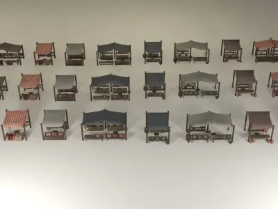 Game-ready medieval-antique street markets modular collection Low-poly 3D model