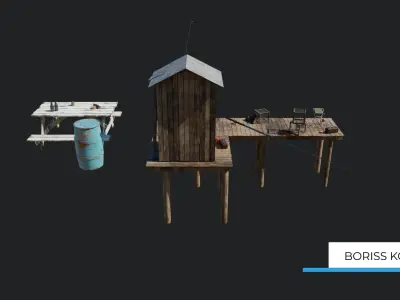 Fishermans platform near the lake Low-poly 3D model