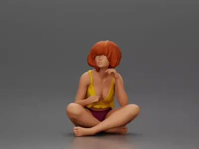 Girl with hair holding umbrella sitting in thoughtful pose 3D print model