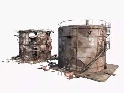 Destroyed  Industrial Oil Tank Duo 3D model