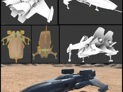 Military Sci-Fi Ship with Crashed Version Low-poly 3D model